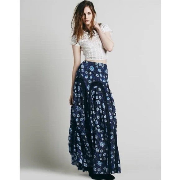Free People Dresses & Skirts - Free People Zoe Blue Floral Lace Boho Maxi XS Extra Small Western Flowy Skirt